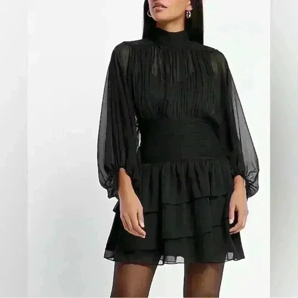 NWT  Express Mock Neck Long Sleeve Pleated Waist Tiered‎ Ruffle Mini Size 0 - Picture 8 of 9